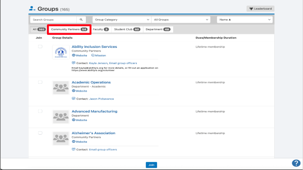 Groups page with Community Partners icon