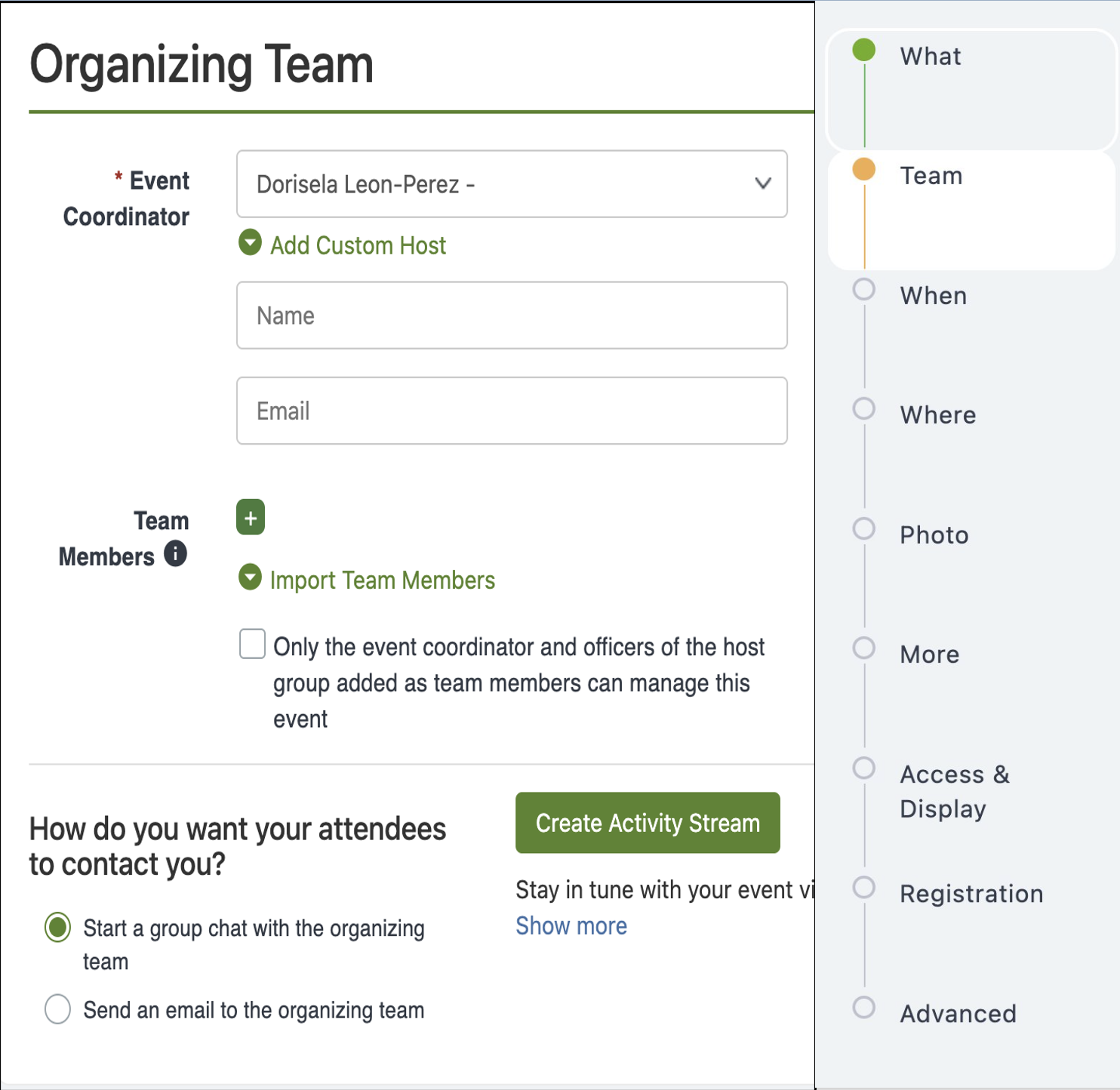 Organizing team and contact preferences section