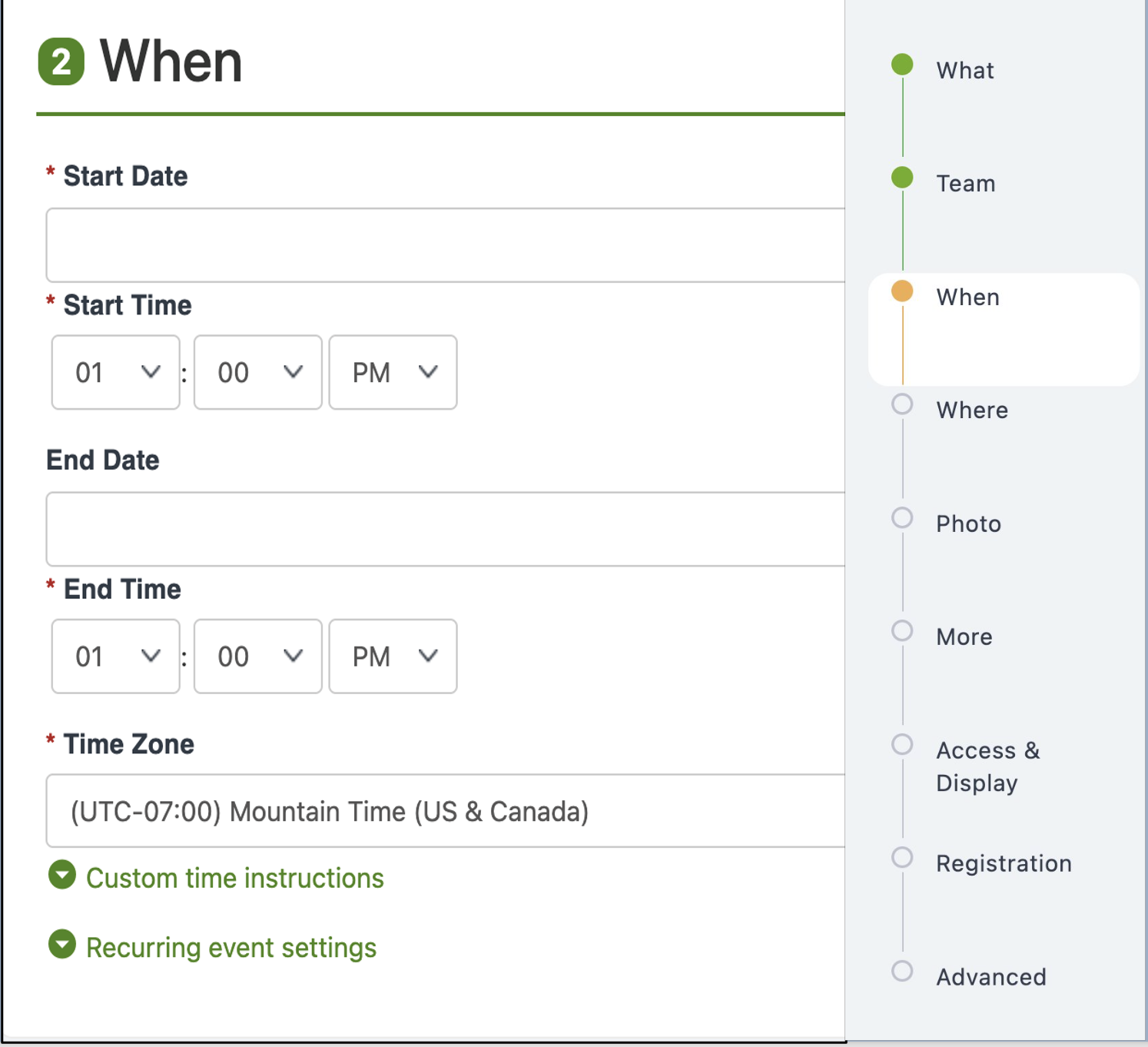 Date, time, and recurring event settings