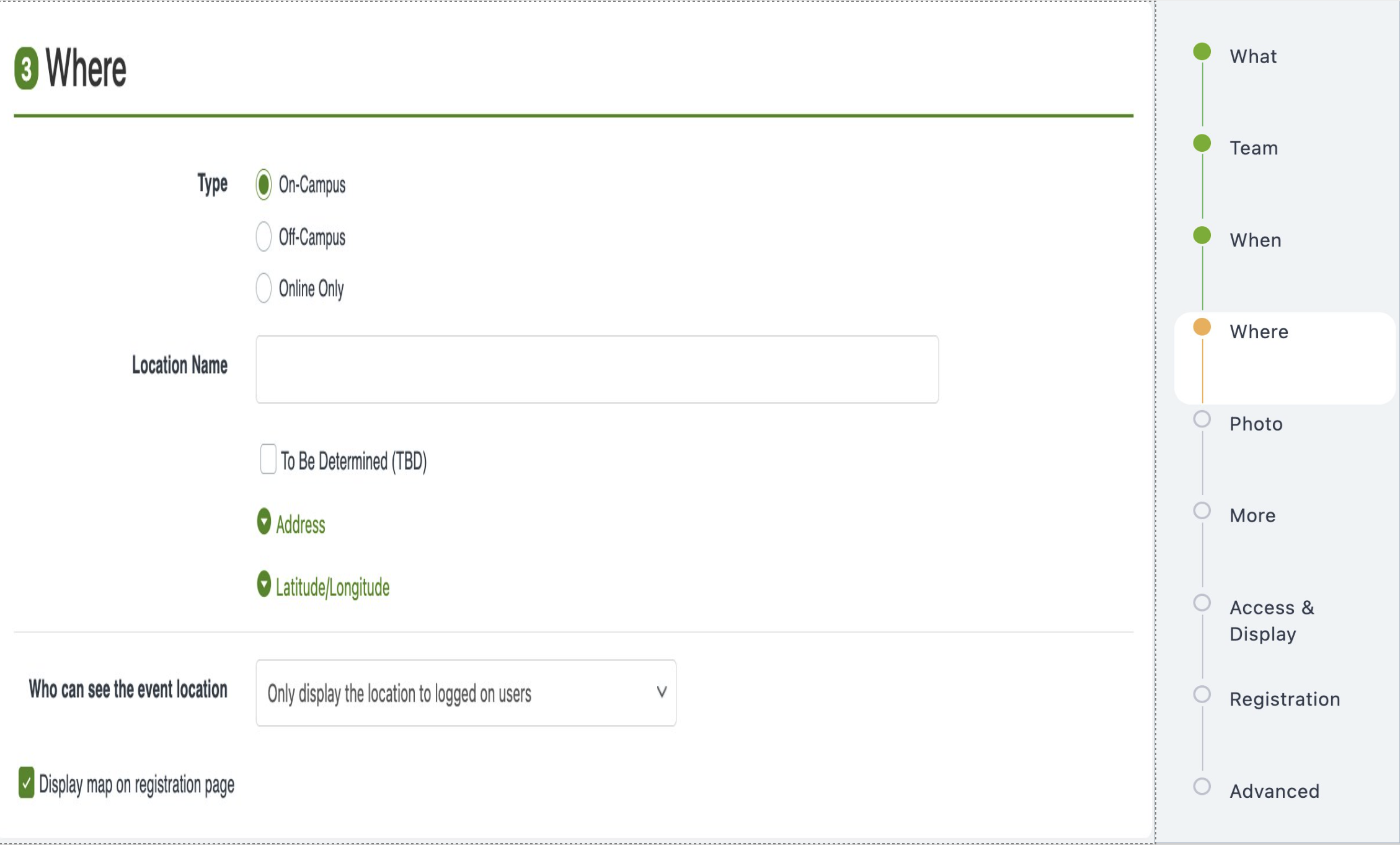 Event type and location name fields