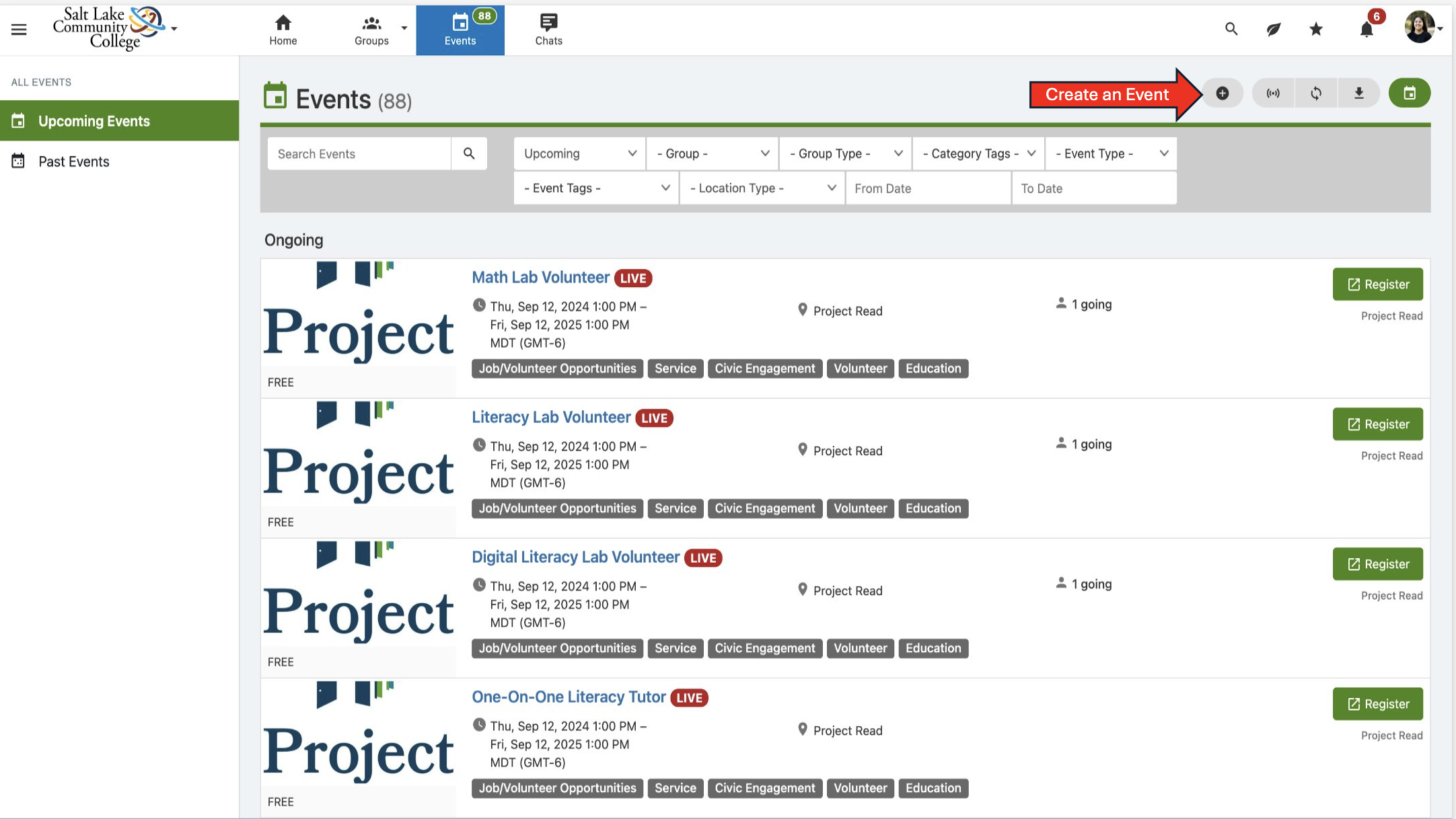 Create event button and plus icon on top right