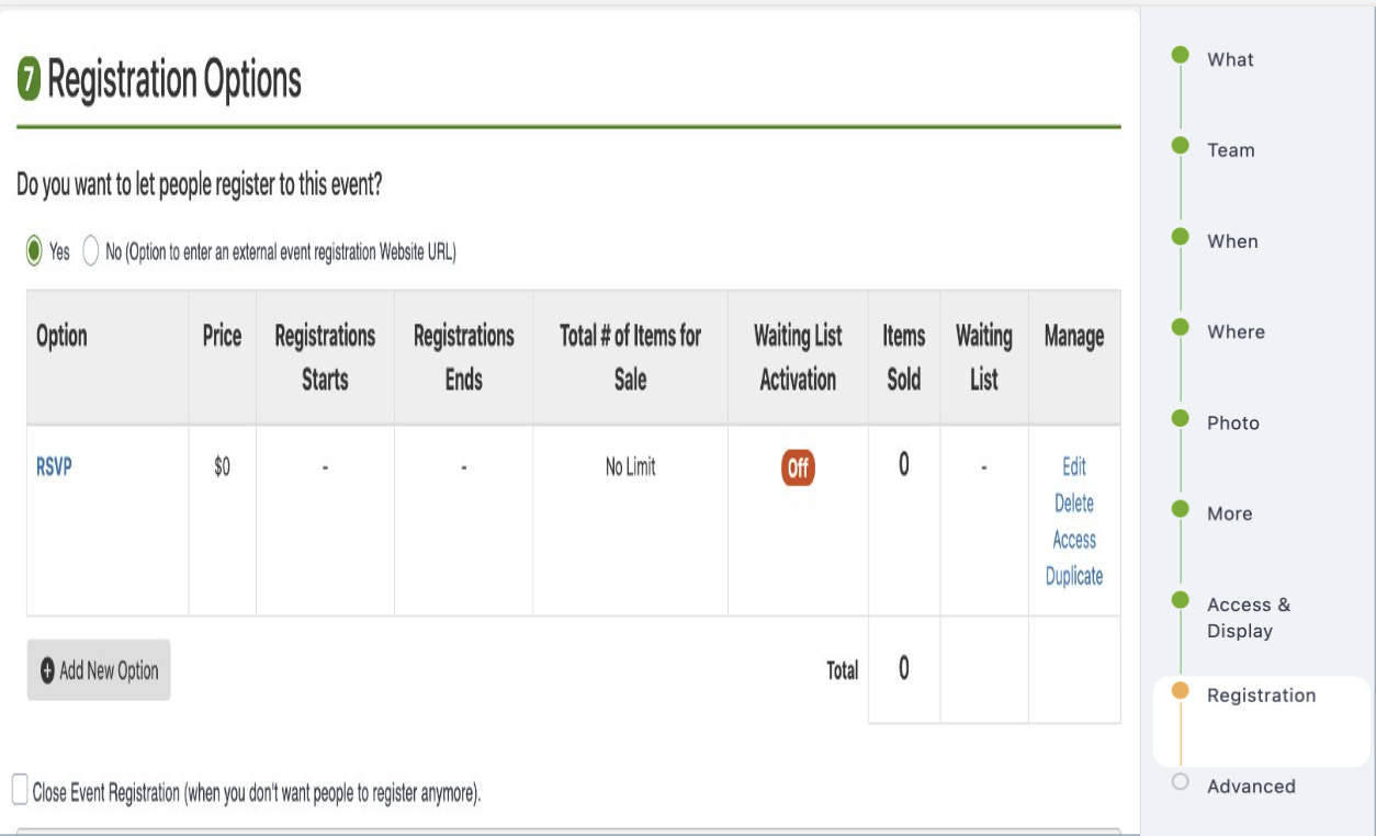 Registration enablement options