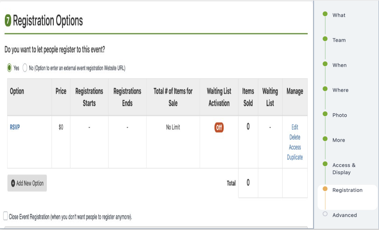 Detailed registration settings including pricing and waiting list