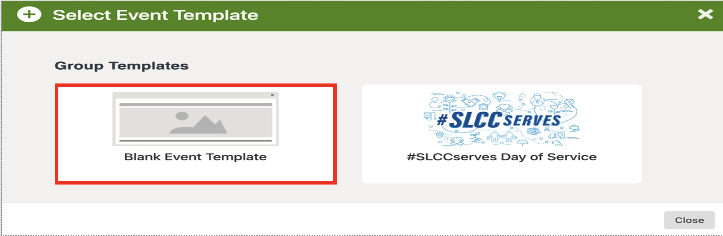 Event template selection with Blank Event Template highlighted