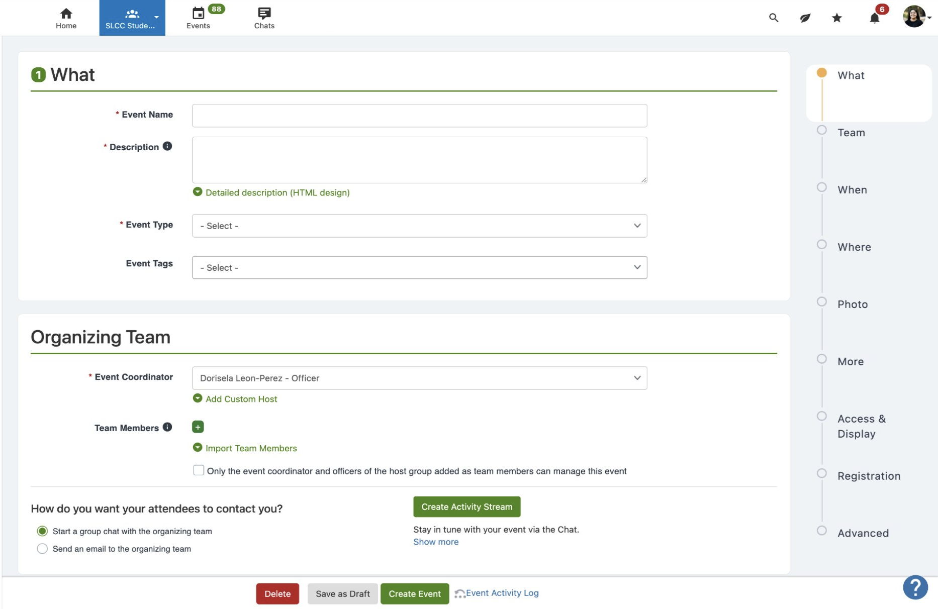 Event creation page showing all sections