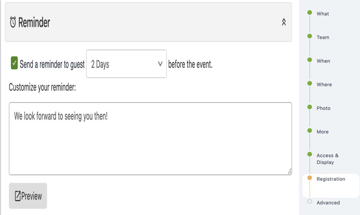 Event reminder settings and customization