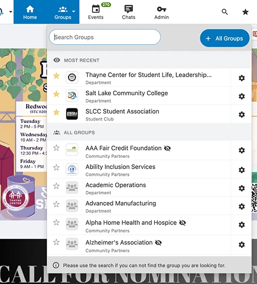 Screenshot of the Campus Groups platform interface, displaying navigation menus and user interface elements to guide students through the system.