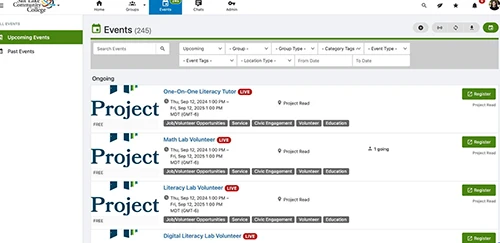 Screenshot of the Campus Groups platform interface, displaying navigation menus and user interface elements to guide students through the system.