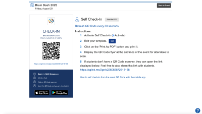 Main page with QR check-in steps