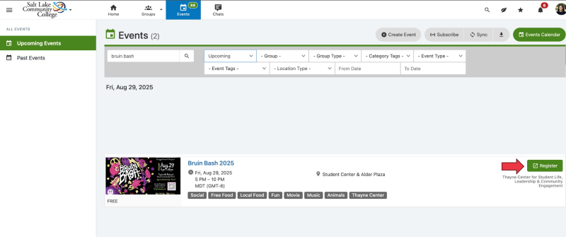 Register icon on the right side of the event