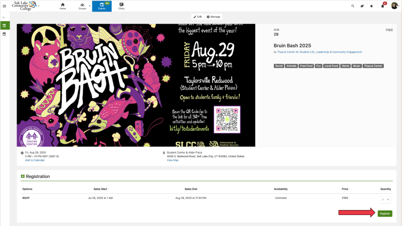 Event main page with register icon on the right