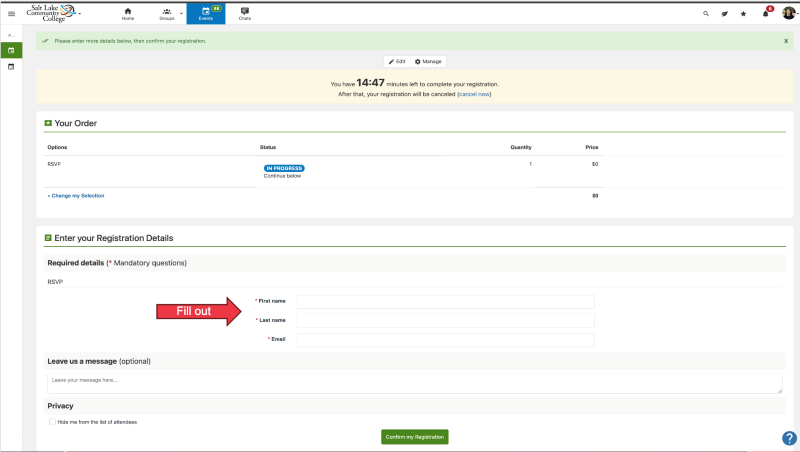 Registration page with required information fields