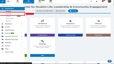 Click Dashboard dropdown and select Settings