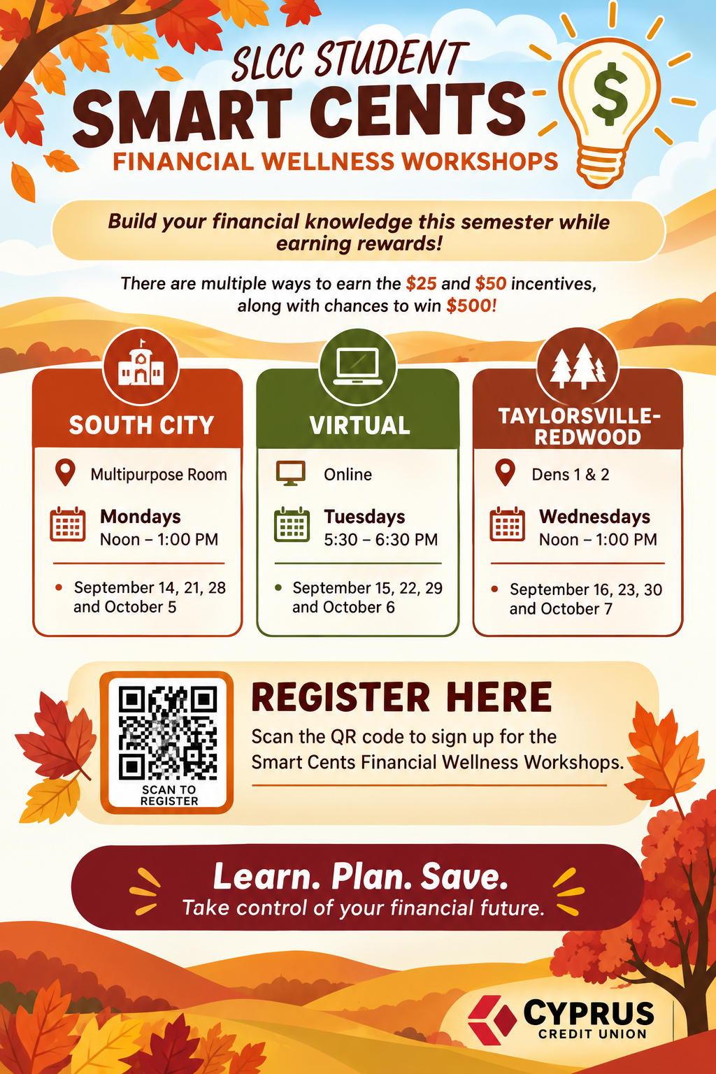 Flyer for SLCC Smart Cents Financial Wellness Workshops with session details for South City, Virtual, and Taylorsville-Redwood, featuring financial incentives. Register on MYSLCCLife.