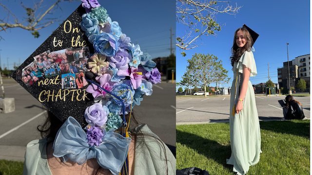"Person wearing a graduation cap and gown standing outdoors in a parking lot. The cap is decorated with colorful flowers, a large blue bow, photos, and the text 'On to the next CHAPTER.' Trees and buildings are visible in the background.