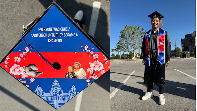 Person in graduation attire standing in a parking lot, wearing a black gown, a blue and red stole, and a decorated black graduation cap. The cap features images of people and flowers, with the text: 'EVERYONE WAS ONCE A CONTENDER UNTIL THEY BECAME A CHAMPION.'