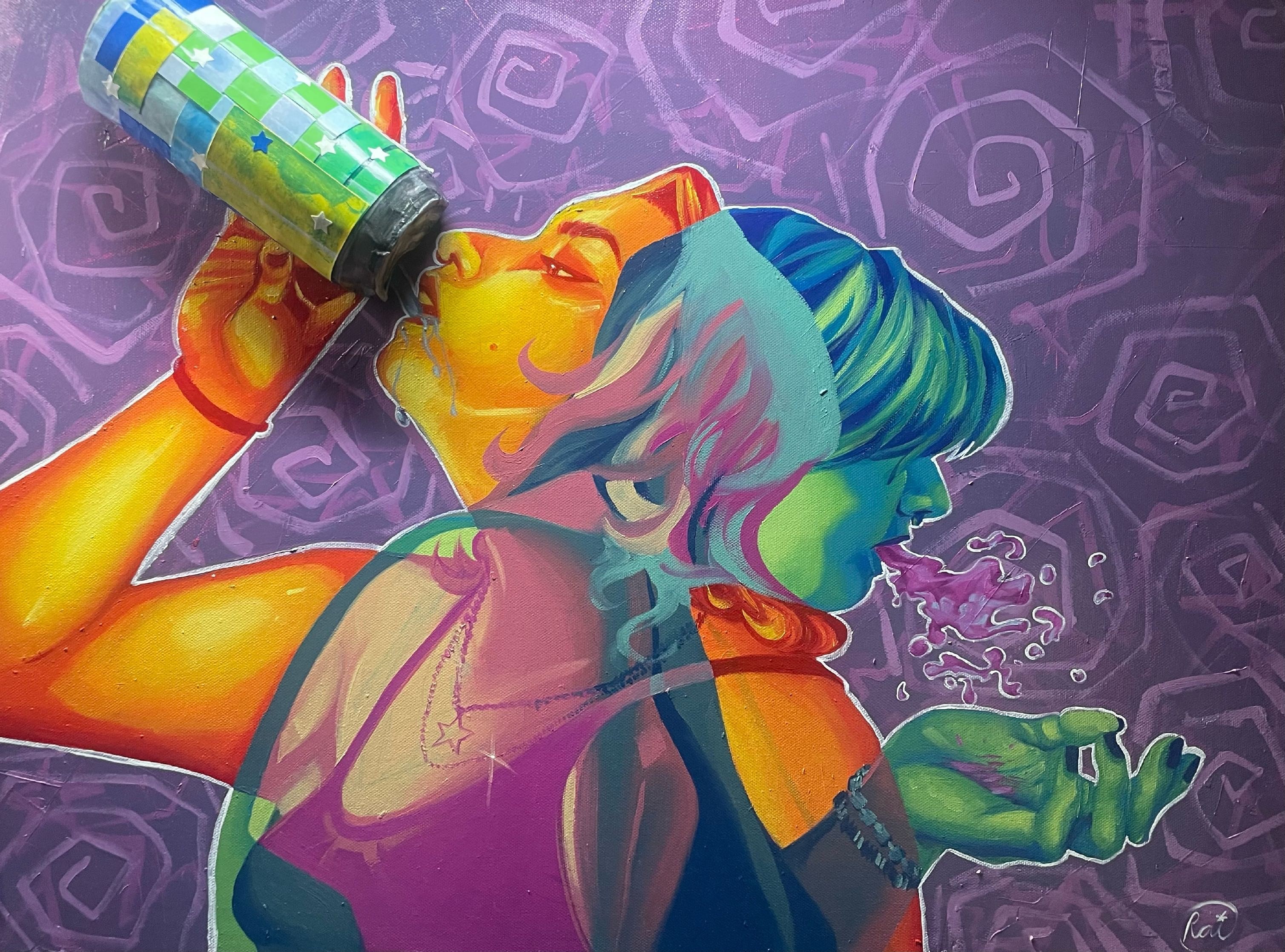 A painting of two fem-presenting figures, apparently the same person, depicted in psychedelic colors and two overlapping postures. One figure is bright yellow and orange, facing left and drinking from a can that is physically attached to the canvas. The other is muted yellow, green, and blue. She’s facing right and is hunched over in discomfort.