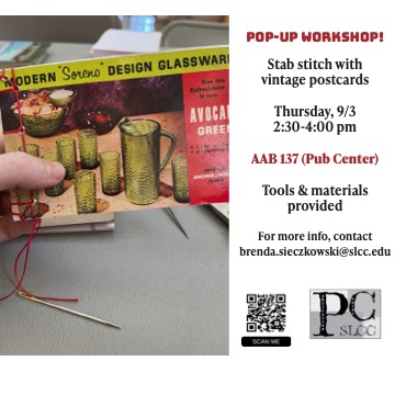 Flyer for a pop-up workshop on vintage postcard stitching, featuring a close-up of a postcard, needle, and red thread, with event details, QR code, and contact information.