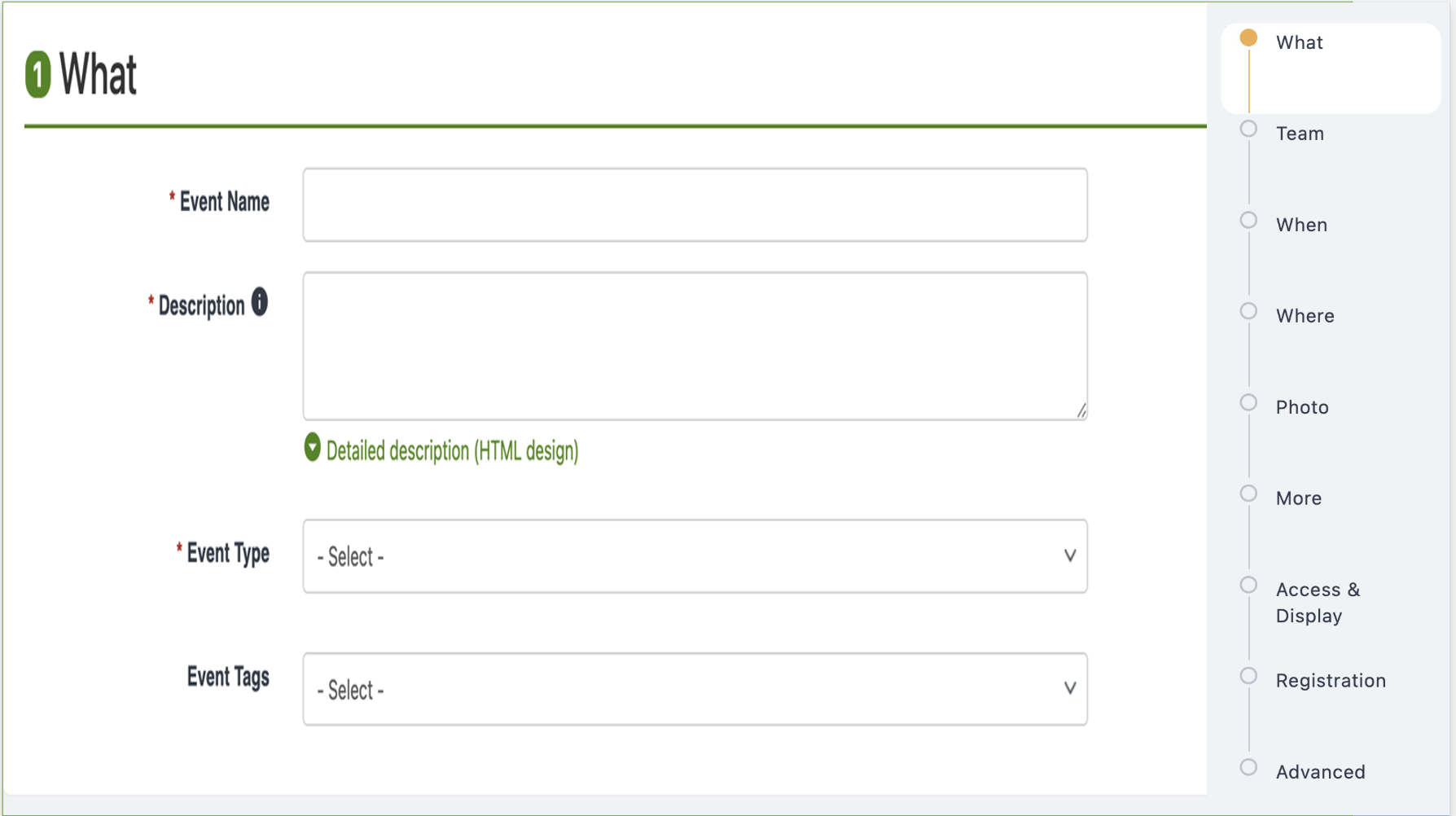 Event name and description fields in What section