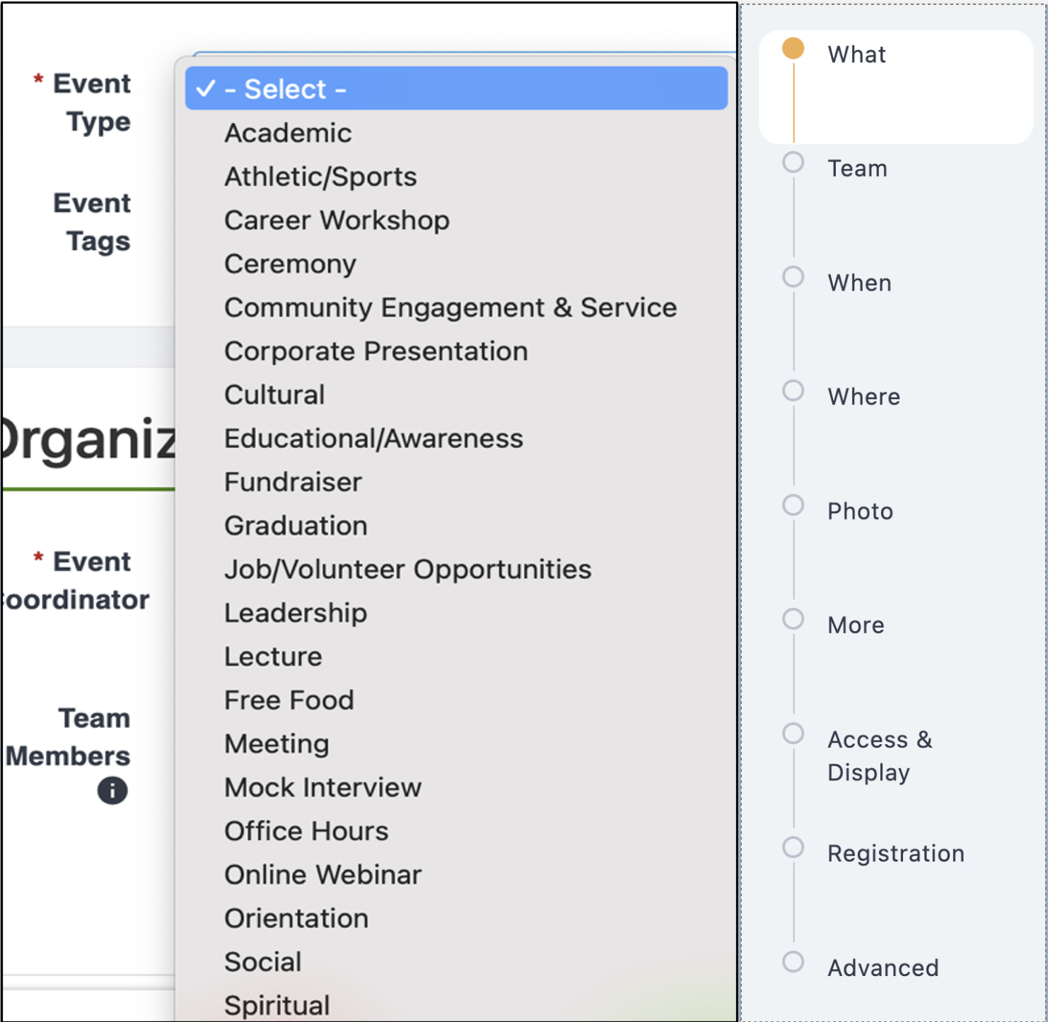Event type selection dropdown