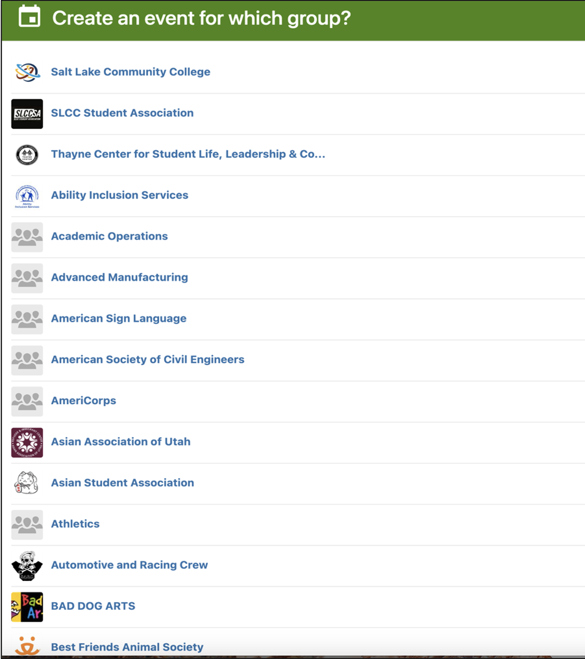 Create event for which group selection page