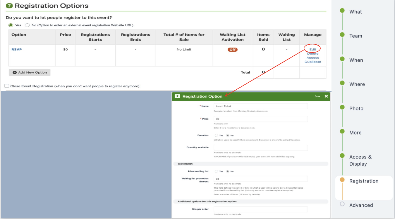 Manage edit dropdown for ticket customization