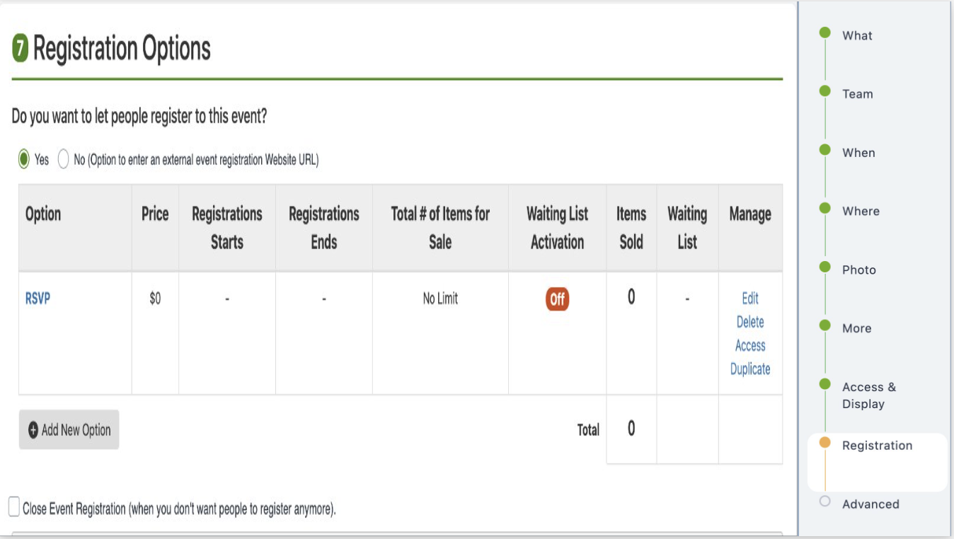 Add new ticket option and close registration settings