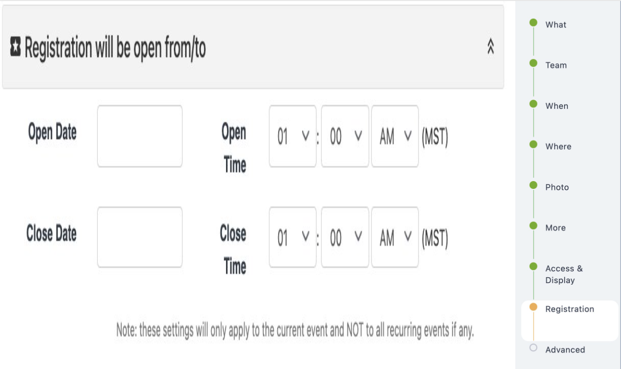 Registration start and end date settings