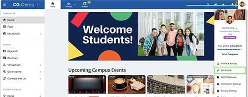 Screenshot of the Campus Groups platform interface, displaying navigation menus and user interface elements to guide students through the system.