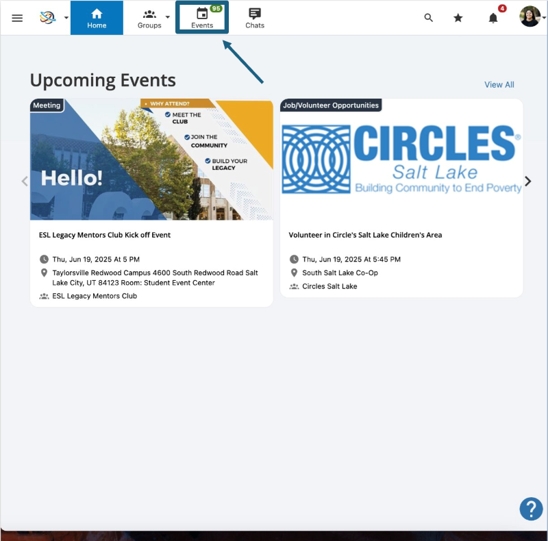 Pointer to Events tab on navigation bar within Campus Groups