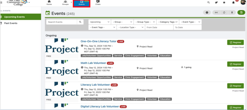 View Upcoming and Past Events on the left hand navigation bar