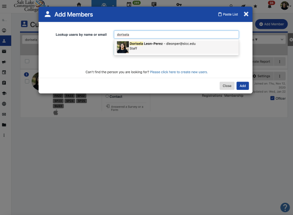 Search for users or select Paste List option
