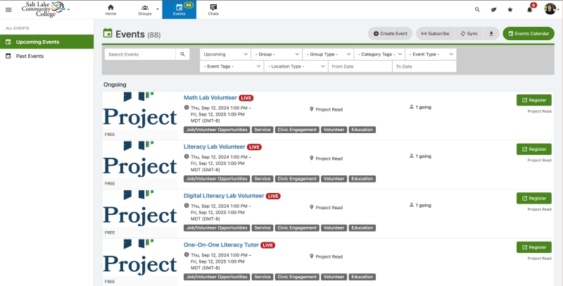 Event page showing all upcoming events